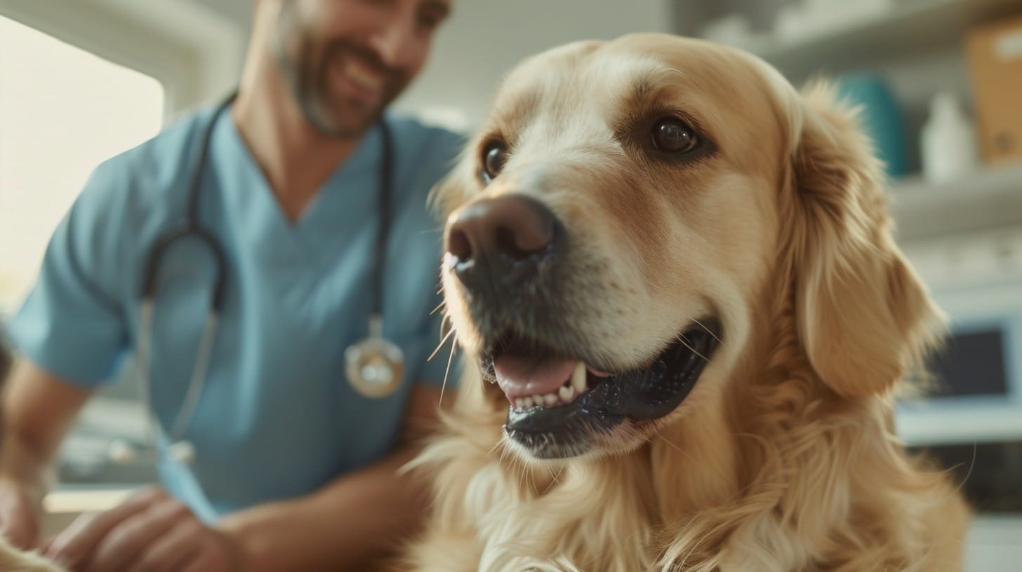 A dog smiling with a vet behind it 