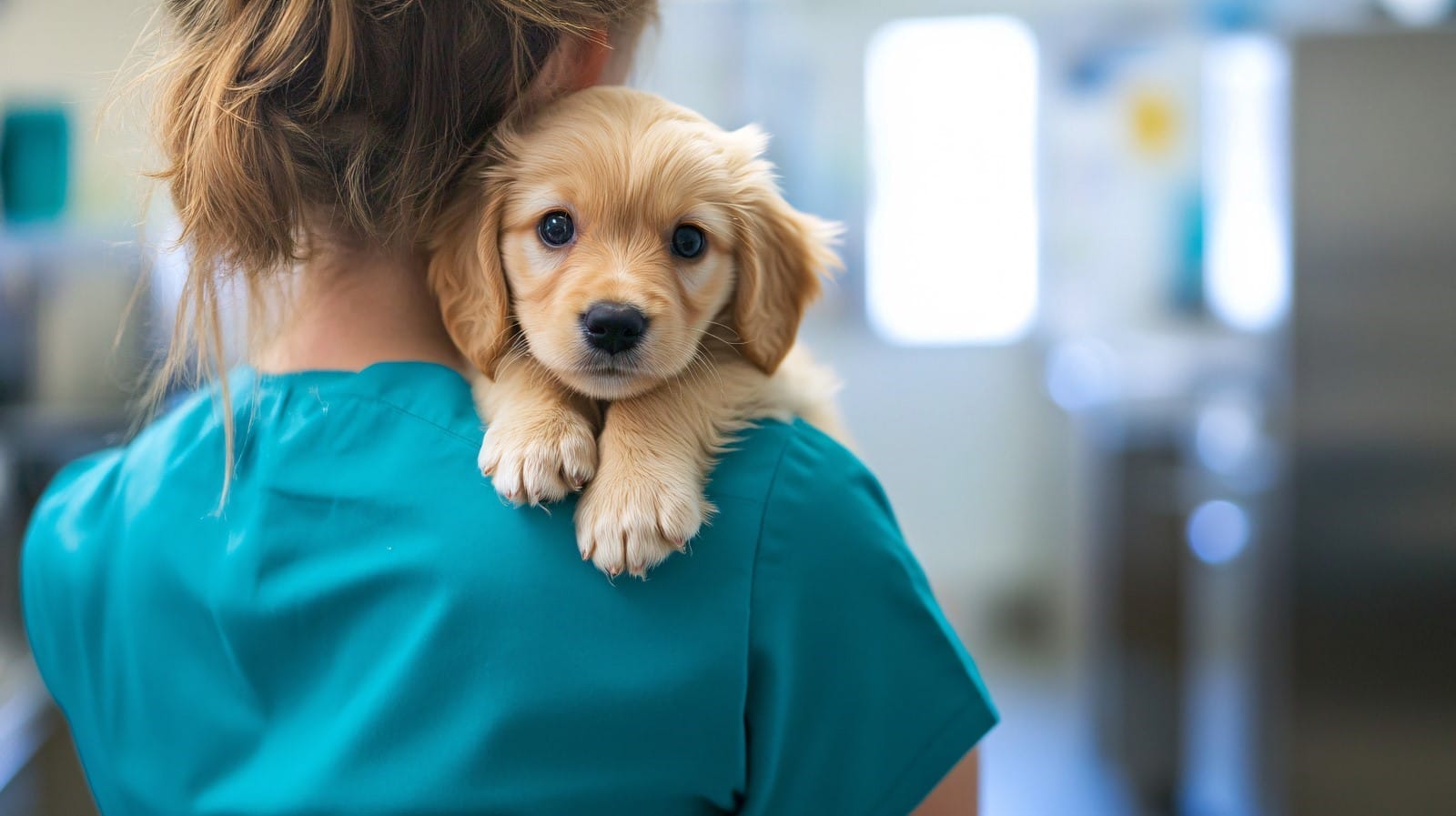 A vet holding a puppy