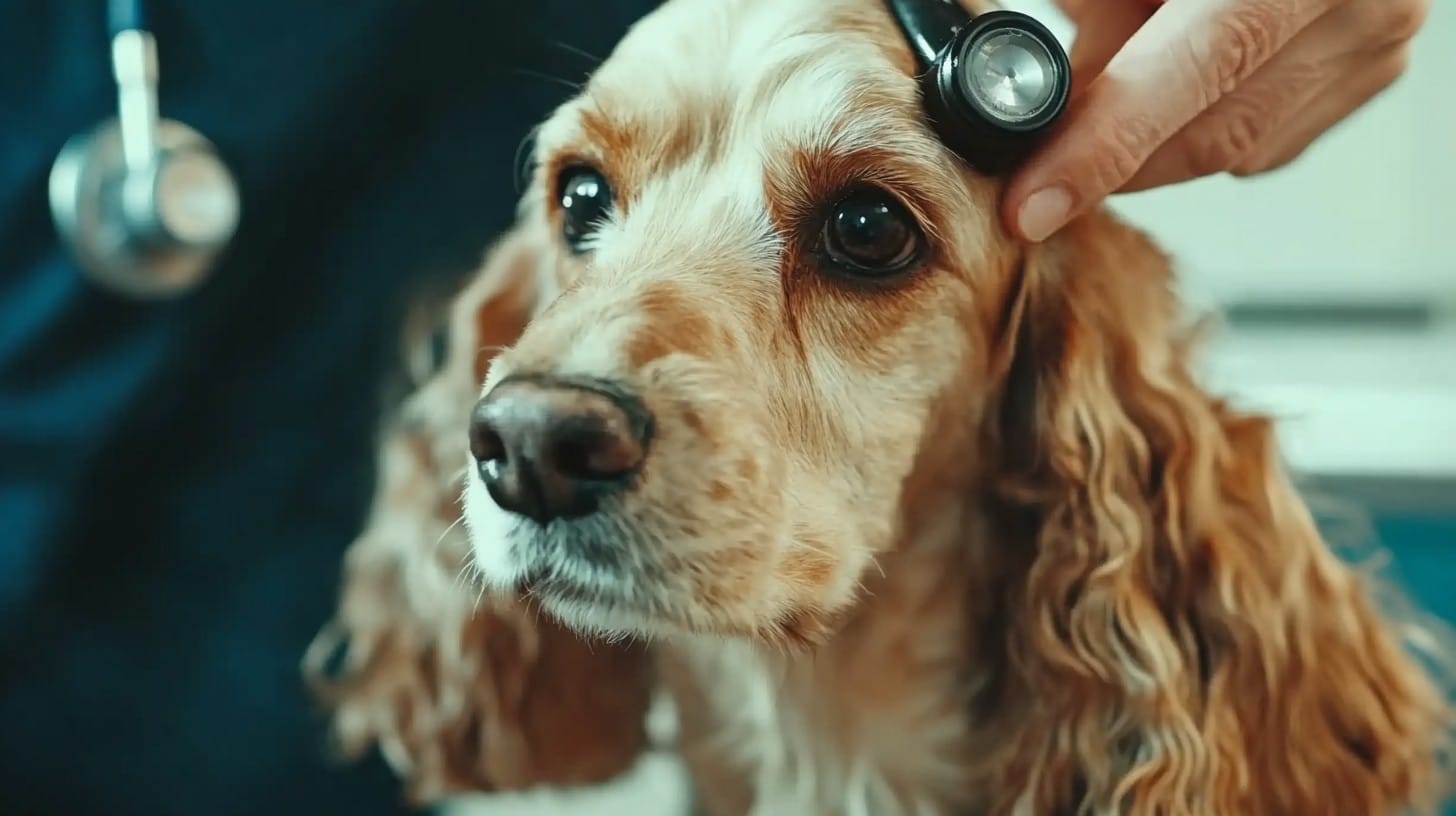 A dog getting checked by a vet 