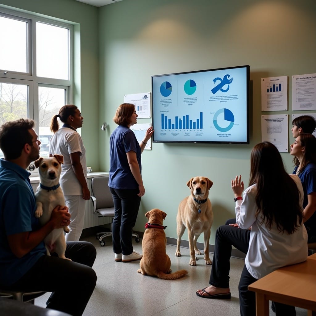 Staff and dogs in a room looking at a screen with charts and data 