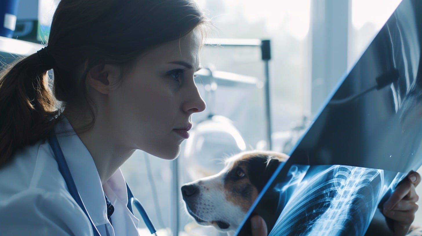 A vet looking at an x-ray and a dog's head beside her 