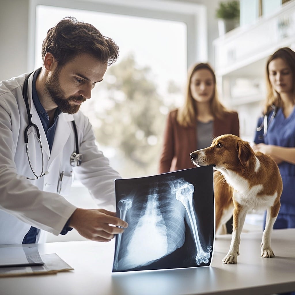 A vet checking x-ray with the dog standing beside him 