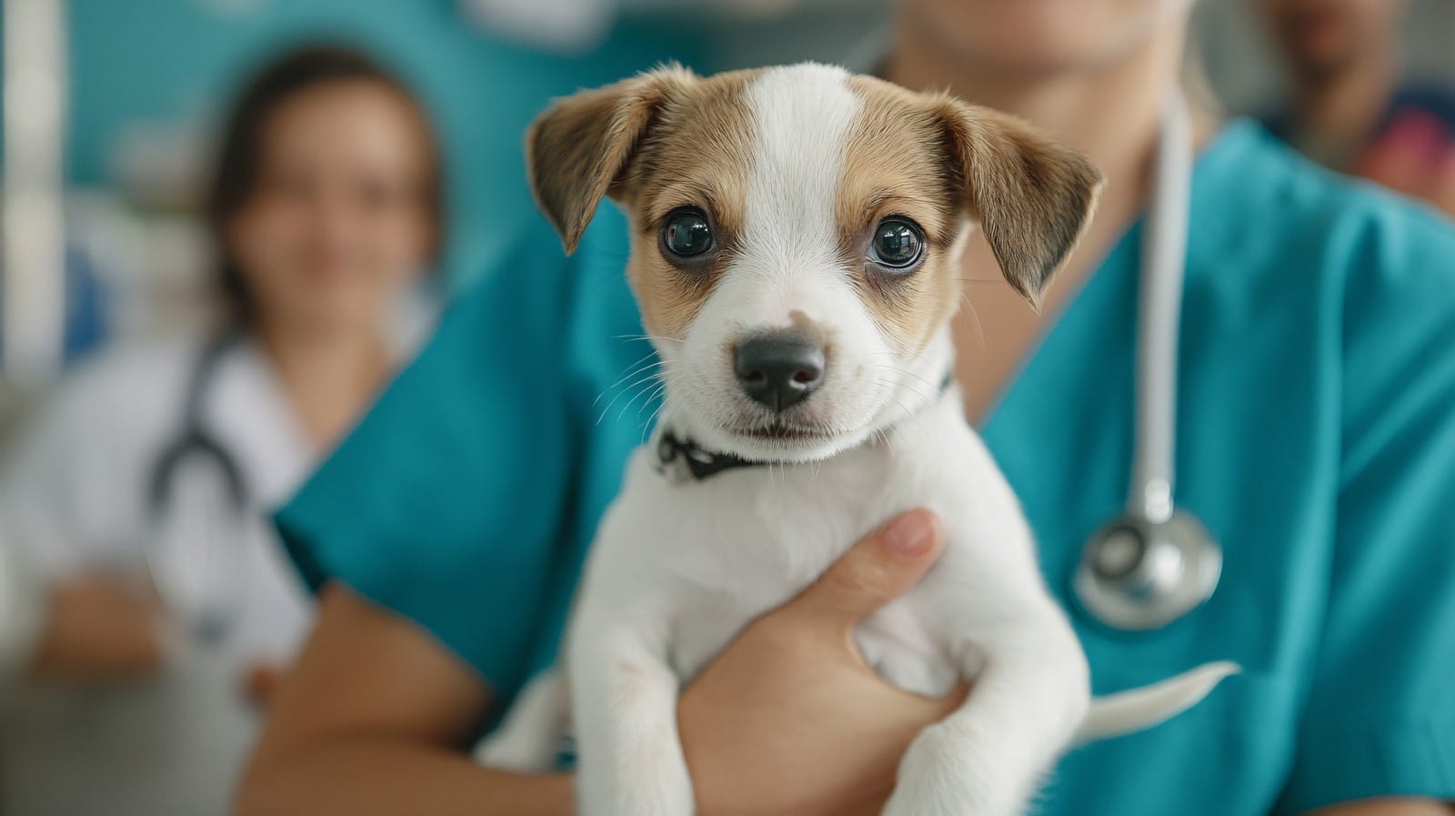 A vet holding a small dog 